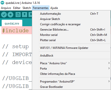 Na IDE Arduino, clique em Ferramentas e depois em Gerenciar Bibliotecas...